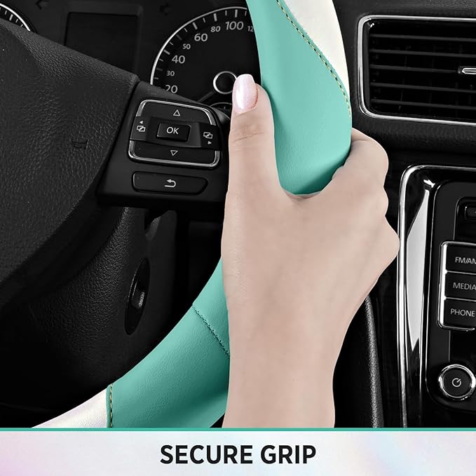Road Comforts Steering Wheel Cover – Breathable Leather Steering Wheel Cover, Anti-Slip Grip, Universal Fit 14.5” to 15”, Hea