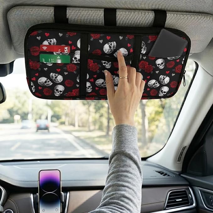 Skull Zippered Sun Visor Car Document Organizer with Adjustable Straps Car Visor Organizer with Pocket Storage and Picture Holder Easy Installation Universal Fit for Most Cars SUV