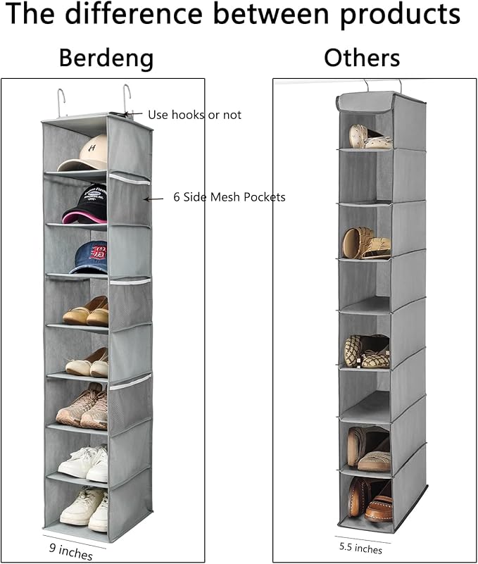 Berdeng Hanging Shoe Organizer for Closet with Side Mesh Pockets，Hat Racks for Baseball Caps，Shoe and Hat Holder & Storage，8-