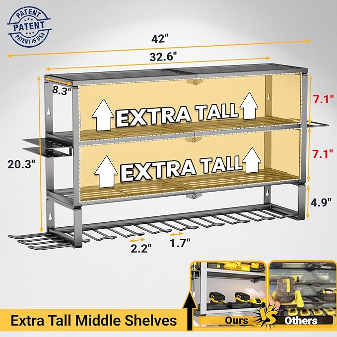 YYR Large Power Tool Organizer Wall Mount, Heavy Duty Metal Cordless Drill Storage Rack with Battery Charging Station Shelf, 