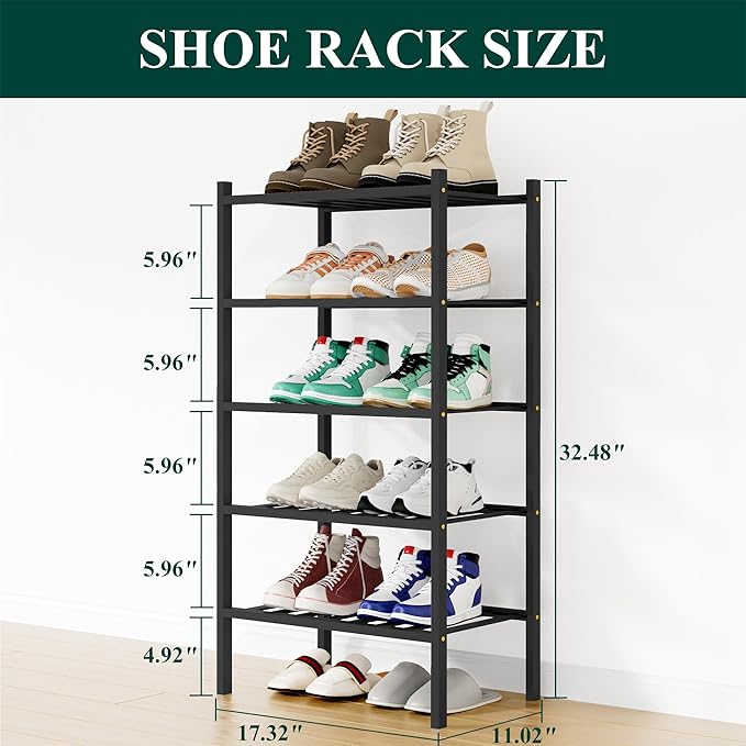 Smiry Shoe Rack, 5 Tier Small Bamboo Shoe Organizer, Stackable Free Standing Wooden Shoe Storage Shelf for Closet, Entryway, 