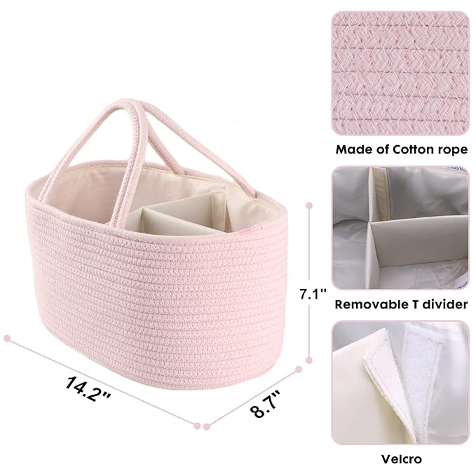 Baby Diaper Caddy Organizer for Girl Boy Rope Nursery Storage Bin Basket Portable Holder Tote Bag for Changing Table Car Trav