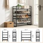 ELYKEN Shoe Rack, 4-Tier Expandable Shoe Organizer for Entryway, Metal Black Shoe Shelf with 4 Hooks, Adjustable Shoe Stand H