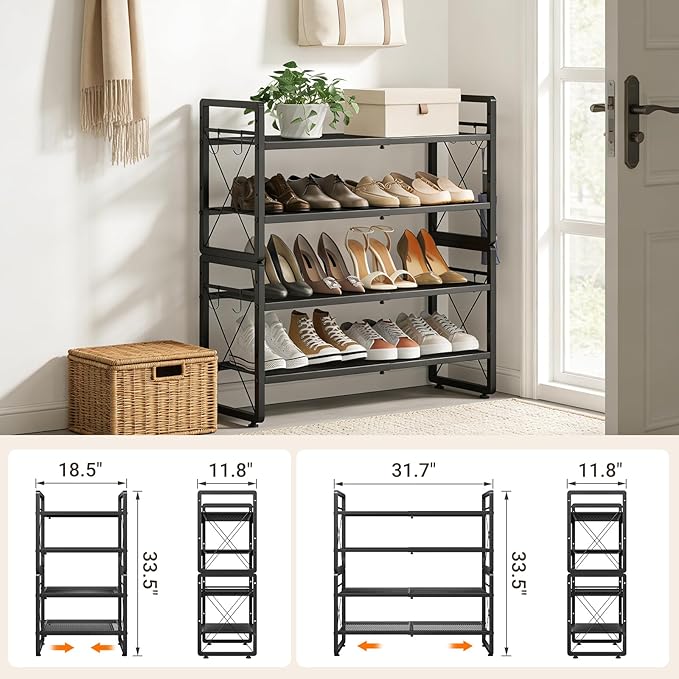 ELYKEN Shoe Rack, 4-Tier Expandable Shoe Organizer for Entryway, Metal Black Shoe Shelf with 4 Hooks, Adjustable Shoe Stand H