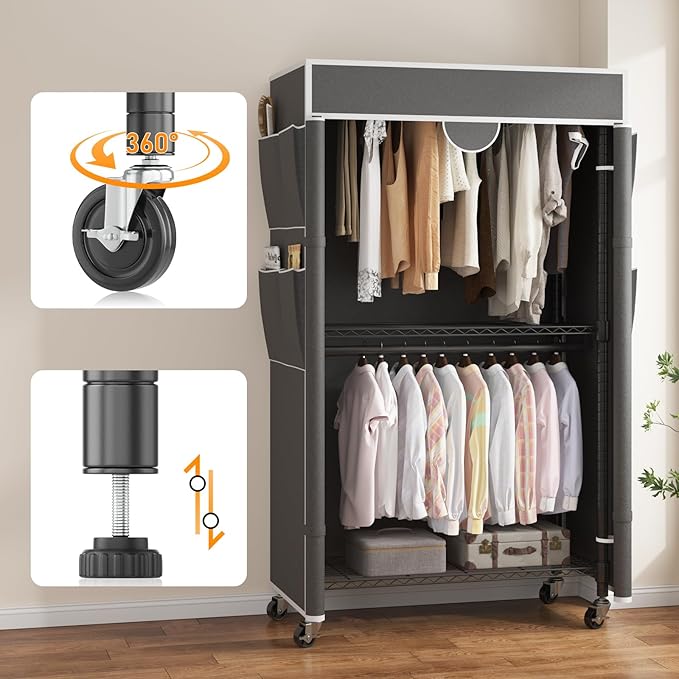 Homdox Garment Rack with Cover, Heavy Duty Clothing Rack for Hanging Clothes, Portable Closet Wardrobe, Double Rods Garment R