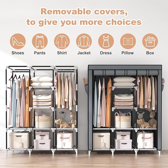 VTRIN Portable Closet Wardrobe for Hanging Clothes with 2 Hanging Rods and 8 Storage Organizer Shelves,Sturdy Large Wardrobe 