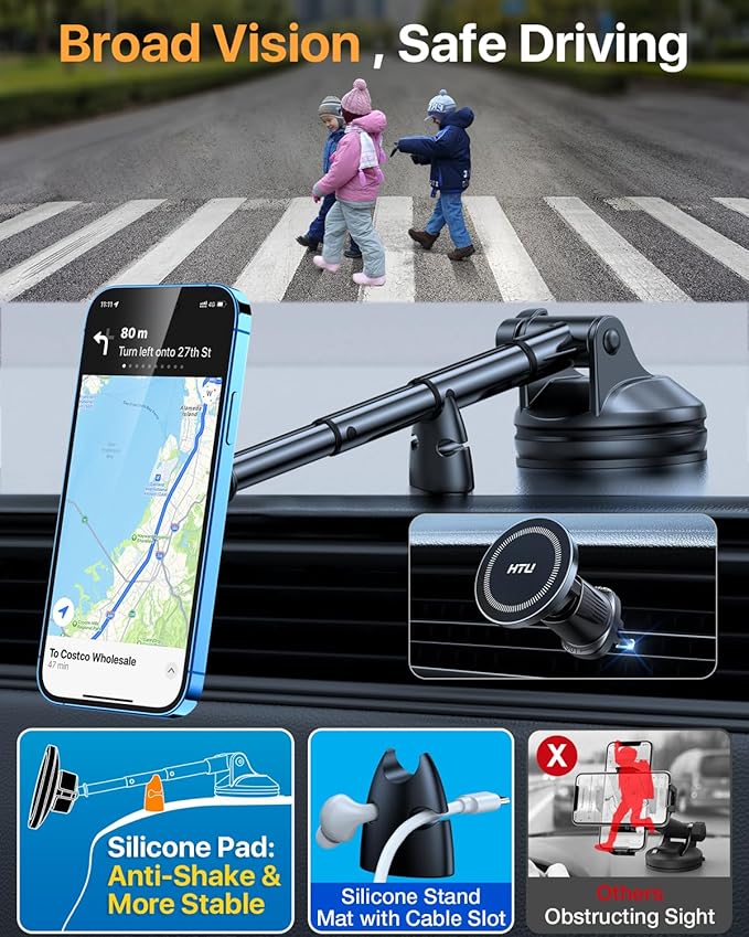 HTU 2026 Upgraded for Magsafe Car Mount [80LBS Strongest Suction & Military-Grade] Powerful Magnetic Cell Phone Holder for Car Dashboard Windshield for iPhone 17 16 15 14 Pro Max Mini,Black