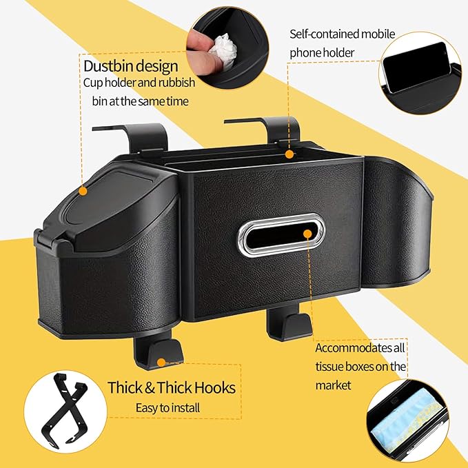 7-In-1 Multifunctional Car Seat Back Organizer with Cup Holders, Tissue Box, Garbage Can & Hooks, Headrest Storage & Cup Holder for Backseat (Black)