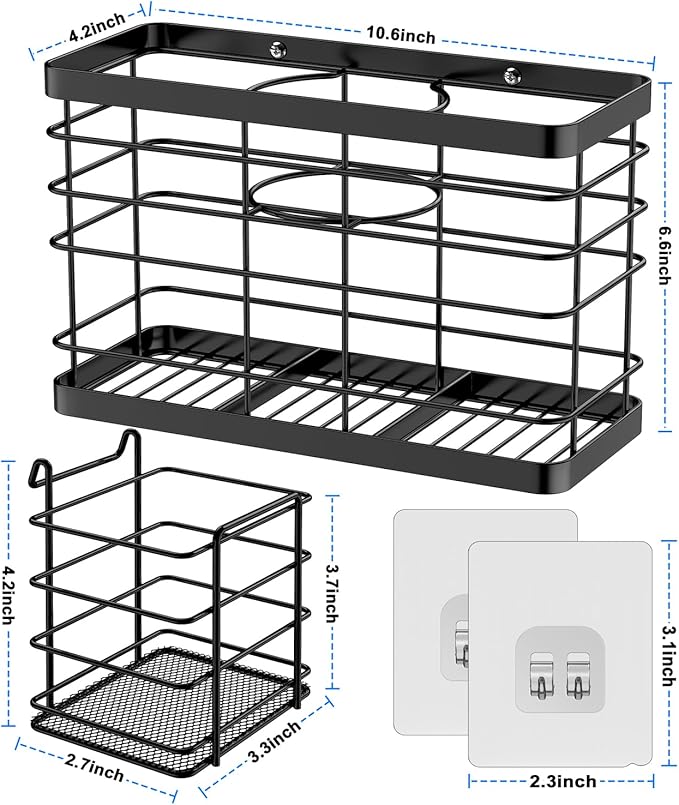 Hair Tool Organizer - Black Steel Wall Mounted Hair Dryer Holder with Removable Basket, 10.62"L x 4.33"W x 6.69"H, Ideal for 