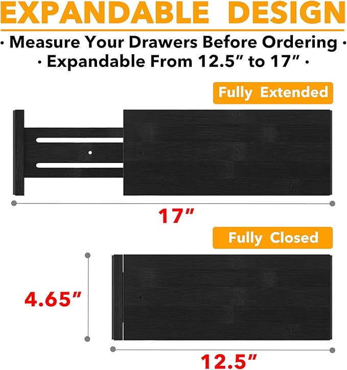 SpaceAid Bamboo Dresser Drawer Dividers 6 Pack, 4.65“ High Adjustable 12.5“-17” Drawer Organizers, Expandable Organization fo