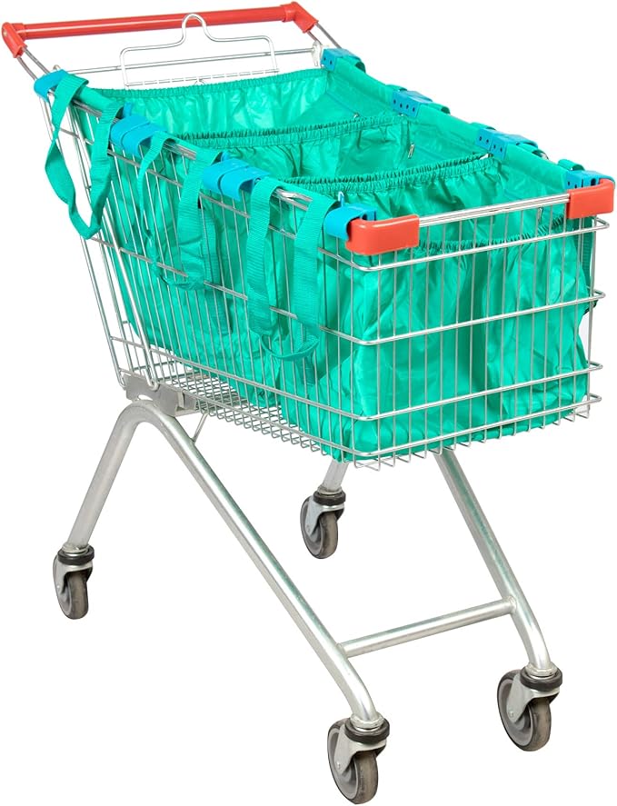 Handy Sandy Cart Caddy – 3-Pack Reusable Shopping Bags with Cart Clips | Heavy-Duty Grocery Organizer Tote Set | Eco-Friendly, Foldable, 40 lb Capacity | Green