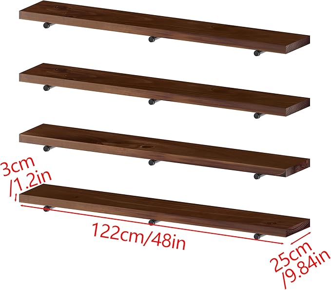 Industrial Pipe Wall Wood Shelves,Real Wooden Shelves 55" in Walnut Color with 1.2" Extra Thick, Modern Floating Shevles Book