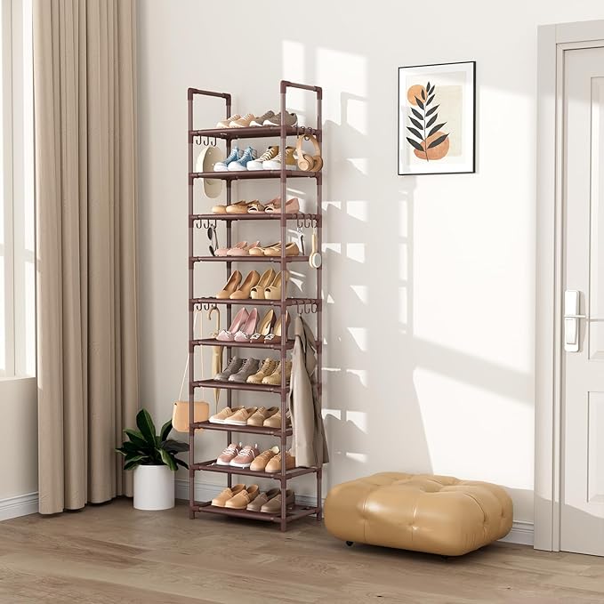 VTRIN 10 Tiers Tall Shoe Rack Holds 20-25 Pairs of Shoes Sturdy Vertical Shoe Organizer with 18pcs Hooks Stackable Narrow Sho