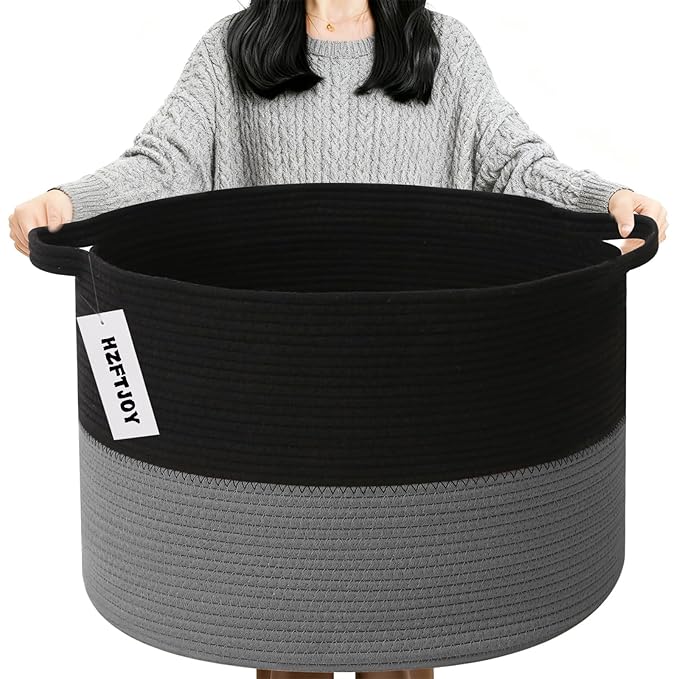 90L Large Blanket Basket, 21.7"x 21.7"x 13.8" Rope Woven Storage Basket with Handles, Laundry Hamper for Toys,Clothes,Pillows