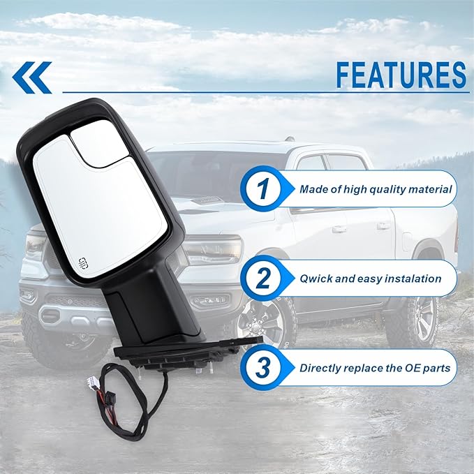 Left Driver Side Mirror Compatible With 2019-2026 Ram 1500 With Power Folding Heated Turn Signal Puddle Light Temperature Sensor Matte Black Replace#68462769AB(8+6Pins)