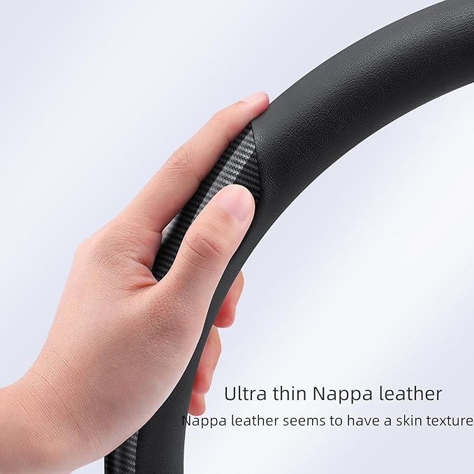 Nappa Leather car Steering Wheel Cover,Carbon Fiber Sports car Interior Non-Slip Ultrathin 15 inches Universal (Black)