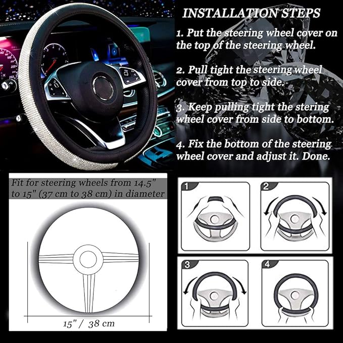 New Diamond Leather Steering Wheel Cover with Bling Bling Crystal Rhinestones, Universal Fit 15 Inch Car Wheel Protector for 