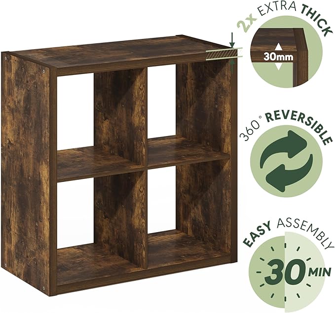 Furinno Cubicle Book Shelf, 4-Cube Bookshelf, Extra Thick Frame Reversible Bookcase with Open Back, 14.6" x 30" x 30", for Li