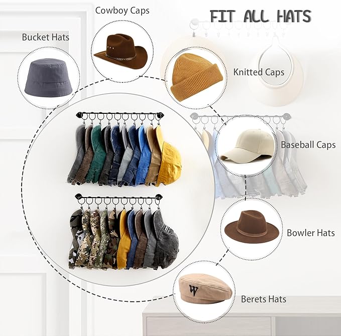 Viklluyr Hat Rack for Baseball Cap Hat Storage with 20 Hooks - Modern Metal Hat Organizer Wall Mounted Caps Hanger Set of 2 f
