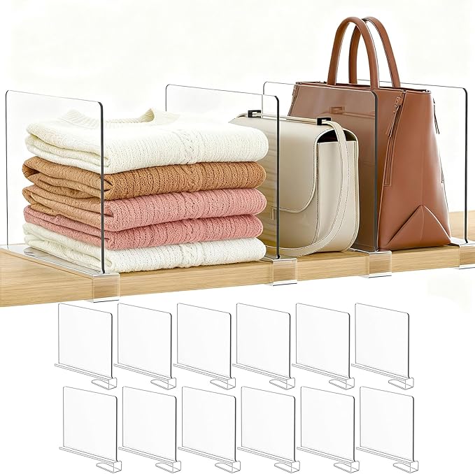 Purse Organizer for Closet Shelf Dividers: 12-Pack Adjustable Clear Acrylic Bag Storage Organizer for Handbags, Sweaters, Tow