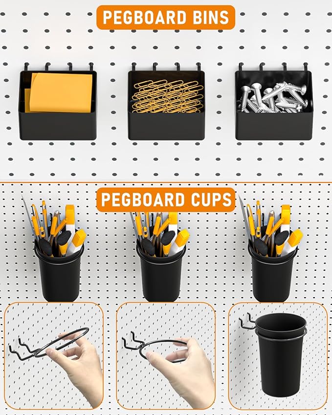 INCLY 30PCS Peg Board Organizer Accessories Kit, Pegboard Hooks Assortment with Bins, Cups, Wire Baskets and Paper Towel Hold
