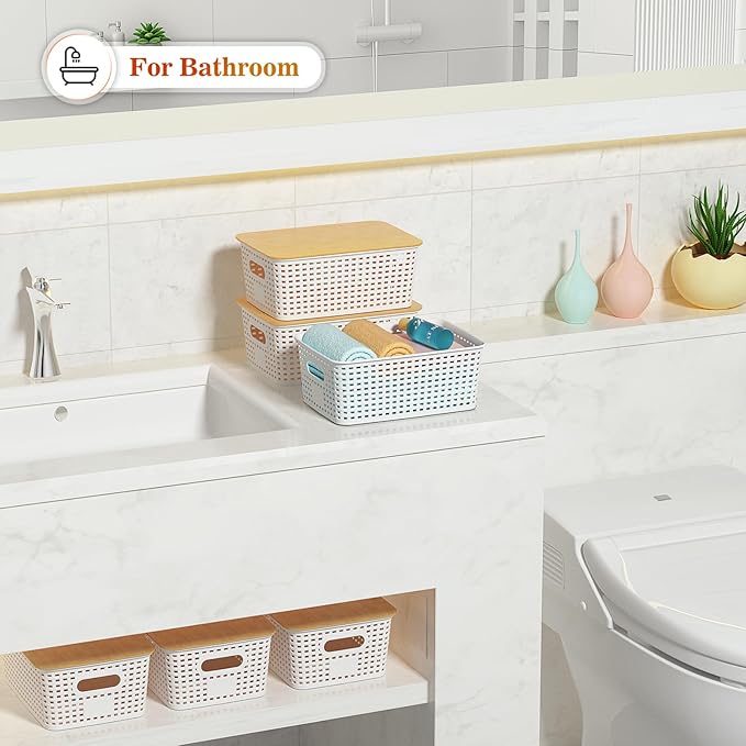 Ohmlove Plastic Storage Baskets With Bamboo Lid - Plastic Storage Containers Stackable Storage bins: Storage Baskets for Orga