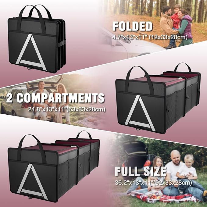 K KNODEL Sturdy Car Trunk Organizer with Premium Insulation Cooler Bag, 3 Compartments Heavy Duty Collapsible for Car, SUV, Truck, or Van (Large, Red)