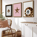 Pink and Black Leopard Wall Art, Lucky Girl 8 Ball Wall Decor Set of 3 Cheetah Lucky Star Poster Canvas Prints, Coquette Mode