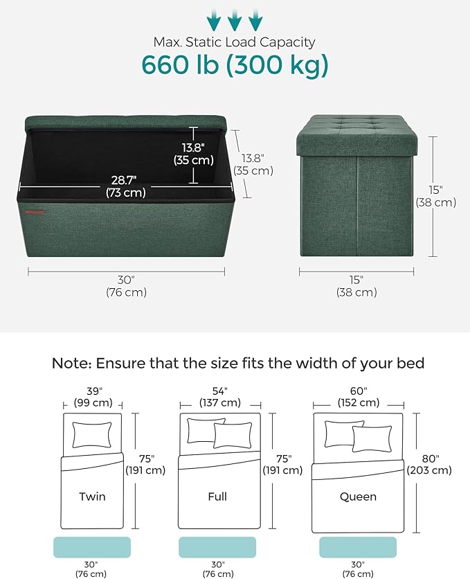 SONGMICS Mazie Collection - 30 Inches Folding Storage Ottoman Bench, Ottoman Foot Rest, End of Bed Bench, Storage Chest, Load