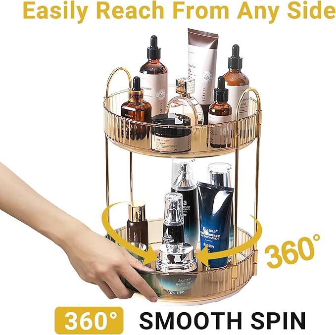 Asayuee 360 Rotating Gold Makeup Organizer,2 Tier Large Capacity Rotating Makeup Organizer,SkincarePerfume Organizer,Bathroom