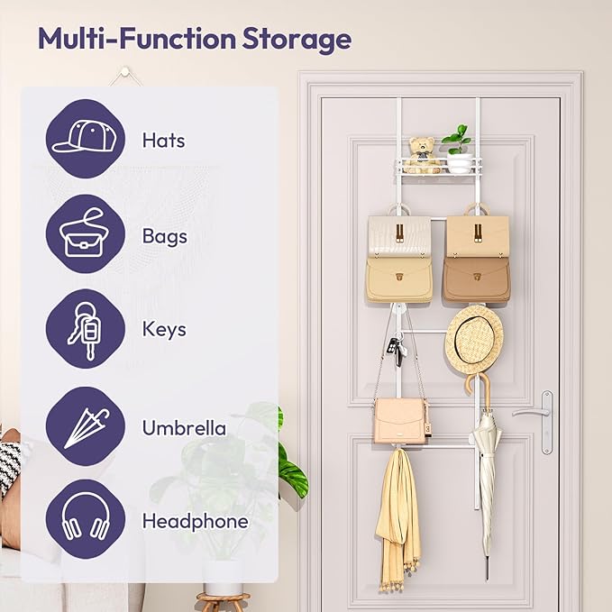 SWTYMIKI Over the Door Purse Organizer - Wall Mounted Handbag Organizer with 16 Hooks and Metal Basket, Hanging Purse Storage