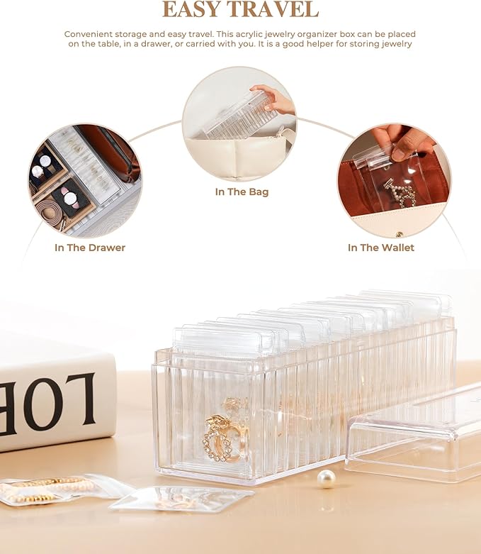 HOMEHIVE Acrylic Jewelry Box Organizer, Clear Jewelry Organizer and Storage with 20 Portable Anti Tarnish Jewelry bags, Trave