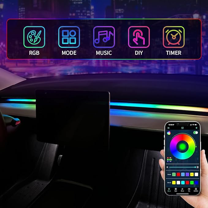 2025-2021 Tesla Model 3/Y Interior Neon Lights for Dashboard, RGBIC Color Changing LED Strip Lights with App & Remote Control,Tesla Model 3/Y Accessories(Not Fit for M3 Highland & My Juniper)