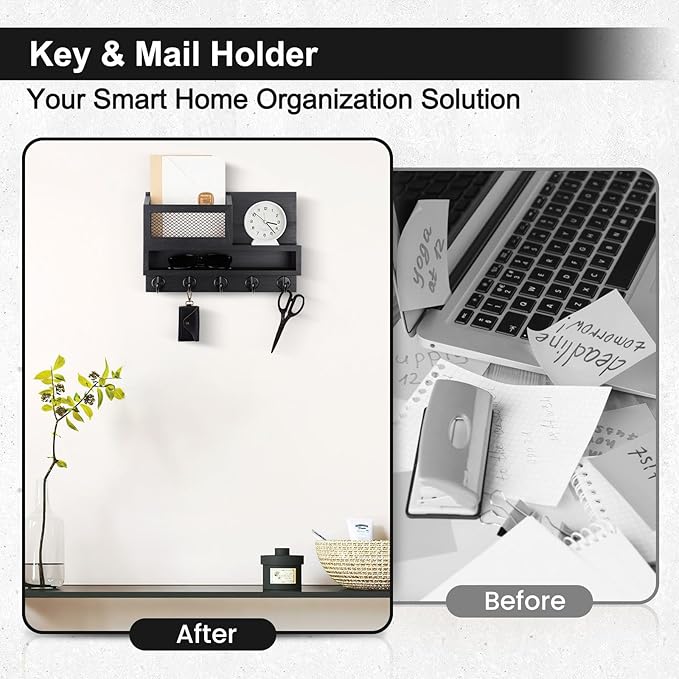 Key and Mail Holder Wall Mount, Key Hanger with Long Storage Box and 5 Hooks for Coat, Dog Leash, Home Decor Rack, House Acce