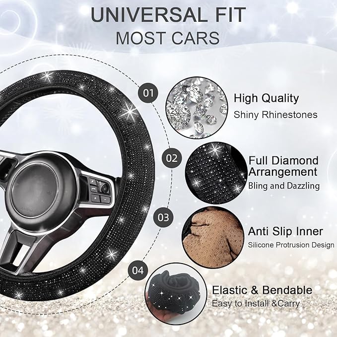 NBTEPEM Bling Car Floor Mats Full Set and Steering Wheel Cover, Universal Fit Most Cars, 4 pcs Sparkle Glitter Diamond Carpet, 5 pcs Bling Car Accessories Set for Women (Black Diamond)