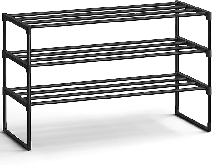 SONGMICS Shoe Rack, 3-Tier Shoe Organizer, Metal Storage Shelf, Upright or Upside Down, for 16-20 Pairs, Stackable, for Entry