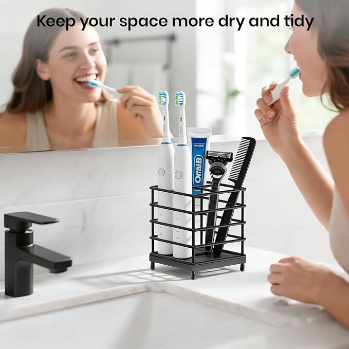 BOTEMY Toothbrush Holders with Quick Drying Mat—Black Toothbrush and Toothpaste Holder for Bathroom—Upgrade 3 Slots Openwork 