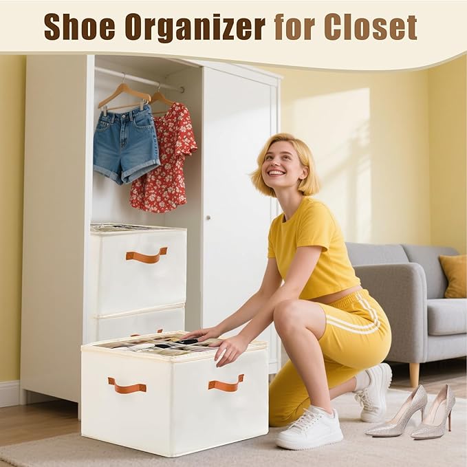 Shoe Organizer for Closet, Shoe Storage Boxes Fits up to 16 Pairs, Foldable Shoe Containers Bins Baskets with Adjustable Divi