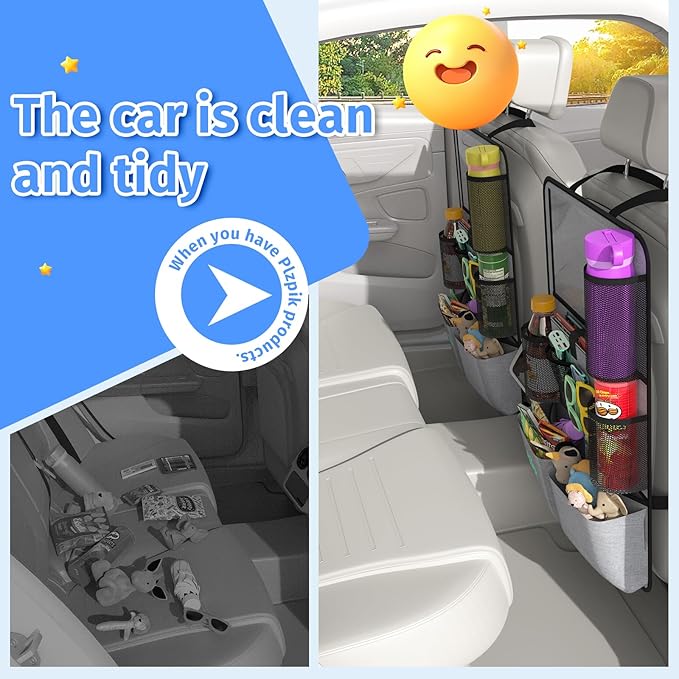 Car Backseat Organizer with Tablet Holder,11 Storage Pockets with Foldable Food Tray, Protector Kick Mats for Kids, Travel Accessories Organizer (Gray, 2-Pack)