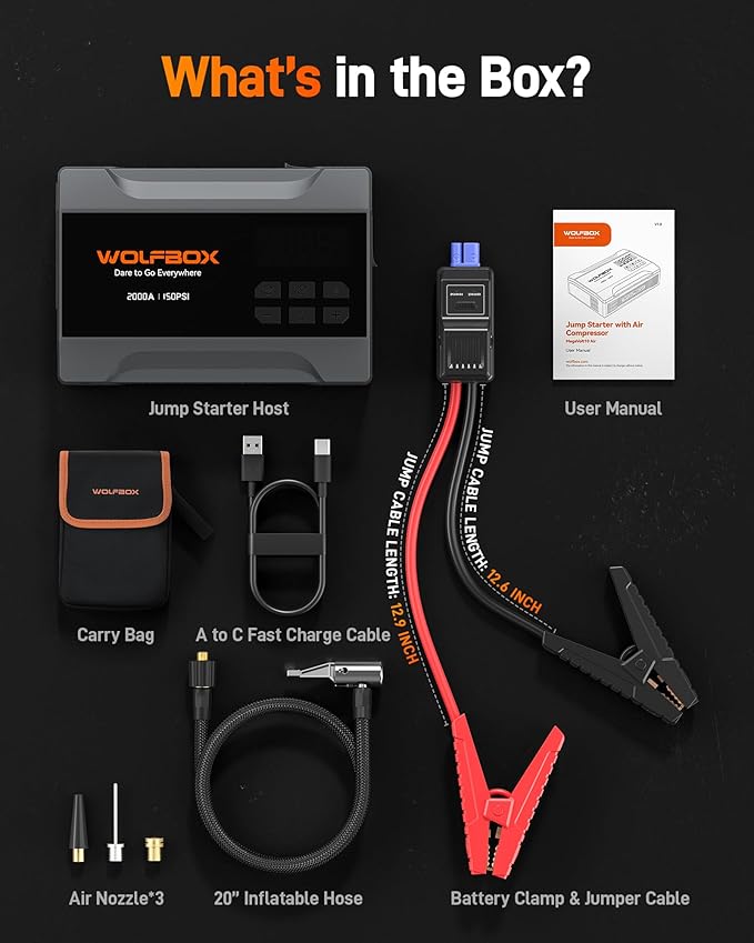 WOLFBOX 2000A Jump Starter with Air Compressor, 37Wh Car Battery Jumper Starter Portable (up to 5L Gas Engine) with 150PSI