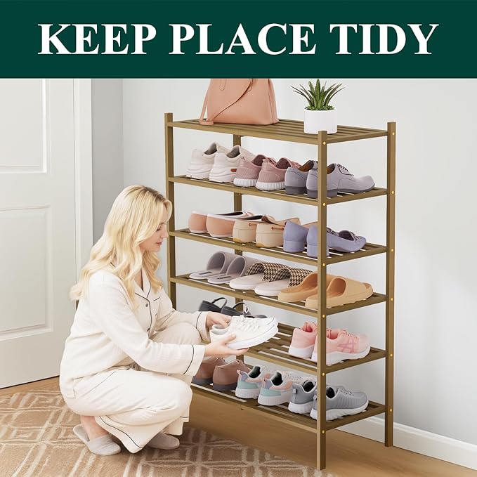 Smiry Bamboo Shoe Rack 6-Tier, Stackable Wooden Shoe Organizer for Entryway & Closet, Free Standing Wood Shoe Storage Shelf f