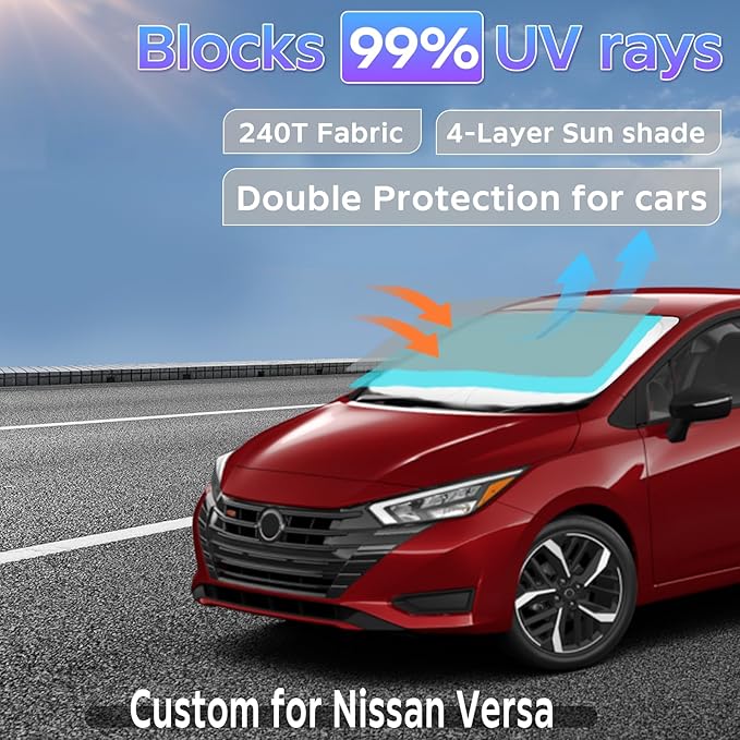 Sun Shade Sunshade for Nissan Versa 2021-2024 2025 Windshield Cover, 4-Layers Sun Shield 250T Silver Coating Sun Visor Foldable Window Shade Blocks UV Rays Car Accessories