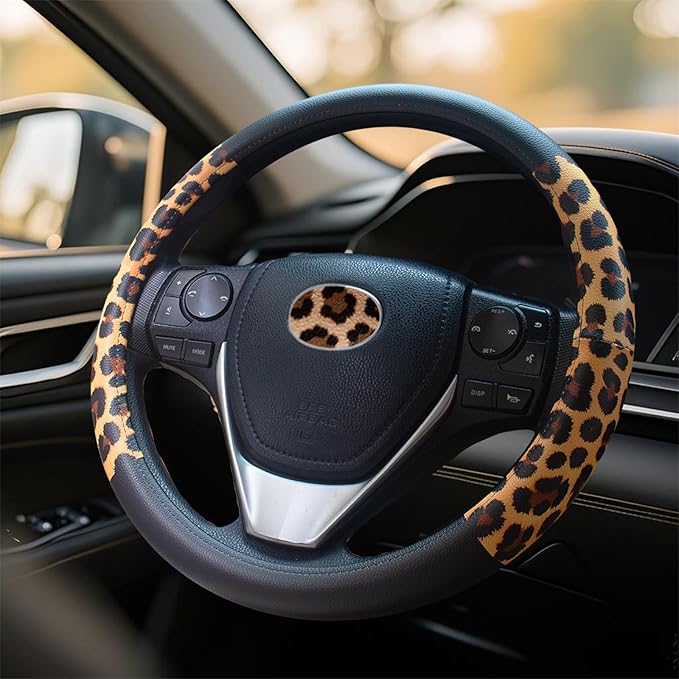 Universal Leather Leopard Cheetah Steering Wheel Cover Women 14.5-15 inch Leopard car Accessories Western Anime Brown Cute Wh