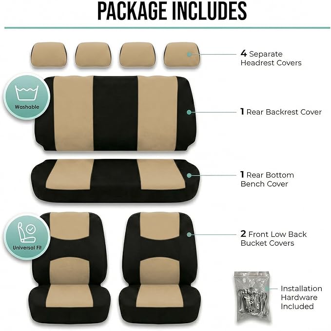 FH Group Automotive Seat Covers Flat Cloth Full Set Beige Combo Small Car Seat Cover Design, Rear Solid Bench Universal Fit a