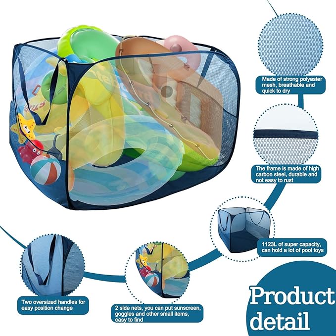 Large Pop up Pool Toy Storage Bin,47"X47"X30"Pool Float Organizer Bag with 2 Side Pockets Mesh Swimming Pool Toys Organizer w
