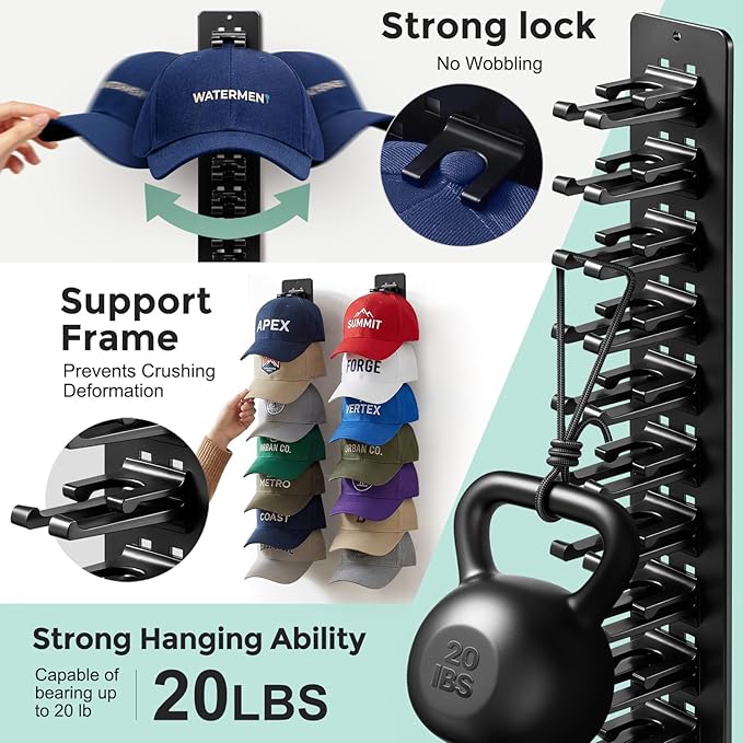 2 Pack Hat Organizer for Baseball Caps,Detachable DIY Hat Rack for Wall Hold Up to 22 Hats,Baseball Cap Organizer Cap Holder 