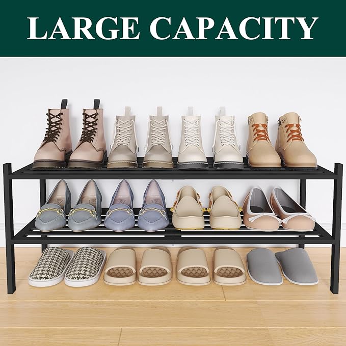 Smiry Long Bamboo Shoe Rack 2-Tier, Stackable Wooden Shoe Organizer for Entryway & Closet, Free Standing Wood Shoe Storage Sh