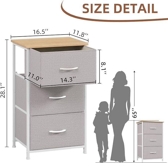 Somdot Dresser for Bedroom with 3 Drawers, Storage Organizer Chest of Drawers with Removable Fabric Bins for Closet Bedside L