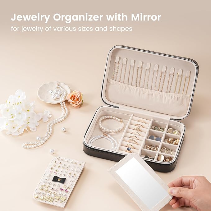 Lolalet Travel Jewelry Case for Women Girls, Travel Jewelry Organizer Box with Mirror & Clear Storage Bag, Small Portable Ear