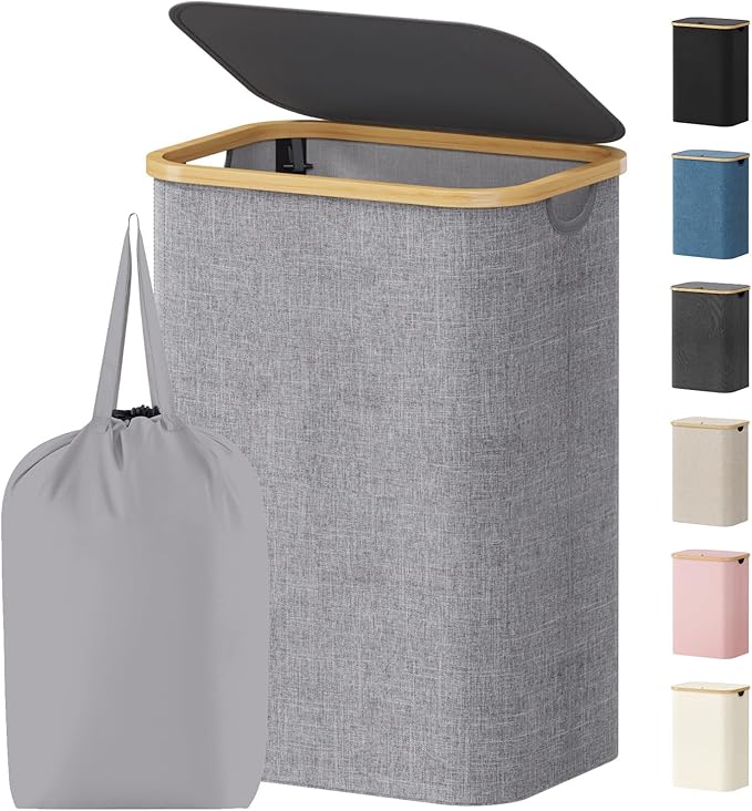Lifewit 80L Laundry Basket with Lid, Clothes Hampers for Laundry with Bamboo Handles and 1 Removable Bag, Large Foldable Laun